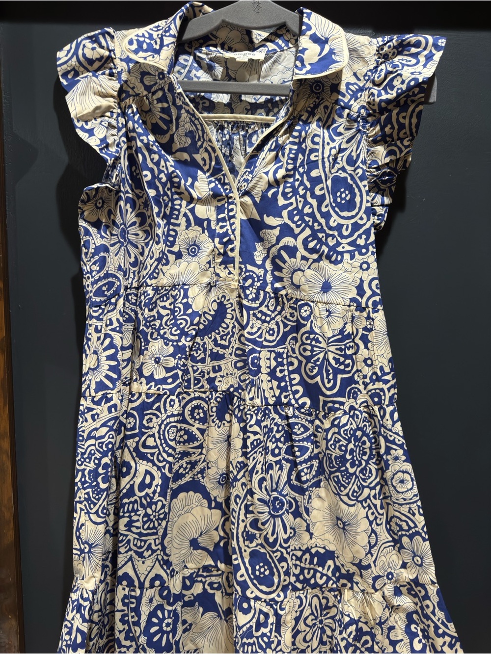 Umgee Navy and Cream Floral Tiered Ruffle Dress